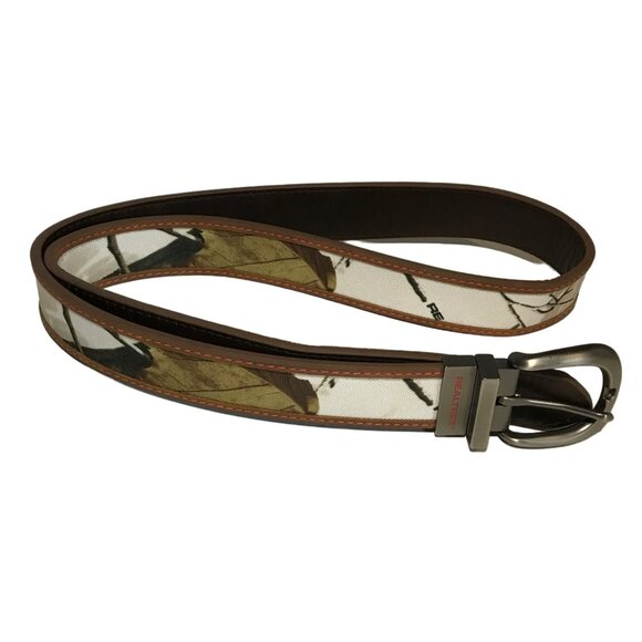 RealTree Mens Brown & White Canvas Leather Belt L / XL Metal Buckle 96000/979 - Picture 1 of 9
